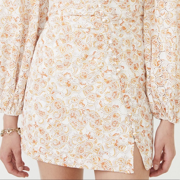 Nordstrom BARDOT Puff Long Sleeve Mini Paisley Tan Dress Button 8 Medium M - Picture 4 of 10